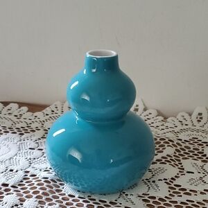 Crate & Barrel Vase ‘Yoko’ Double Gourd Turquoise Teal Blue Ceramic MCM 6”H